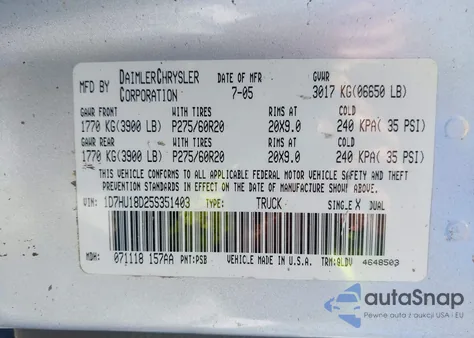 2005 Dodge Ram 1500 Slt/Laramie z USA, uszkodzony, nr VIN 1D7HU18D25S351403